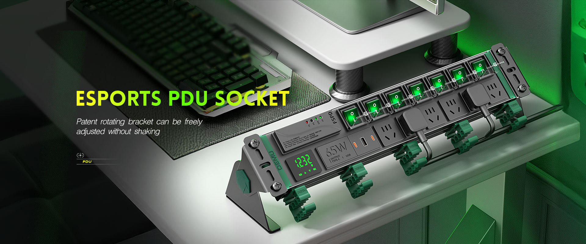 Esports PDU socket gaming power strip with rotating bracket for desk setup