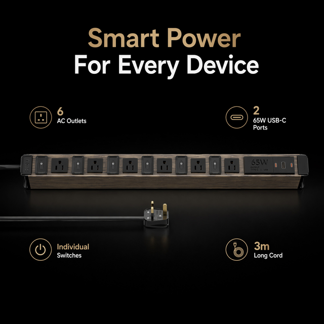 Portable Travel Power Strip with Wood Grain Aluminum Housing, 6 AC Outlets, 65W USB-C Charger & ETL Listed
