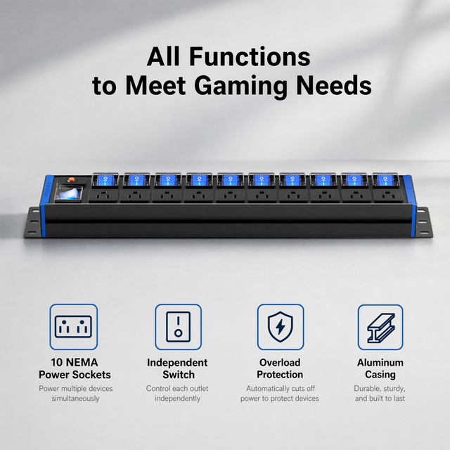 15A 2U Aluminum Rack PDU with 10 NEMA 5-15R Outlets, Blue Master Switch, Overload Protection & ETL Certification