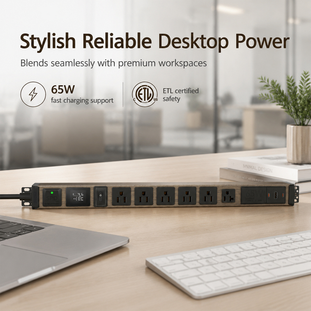 Wood Aluminum PDU Power Strip with Circuit Breaker,NEMA 5-15R, NEMA 5-20R, SPD, Type-C + USB(65W), Full Display Metering, ETL Listed