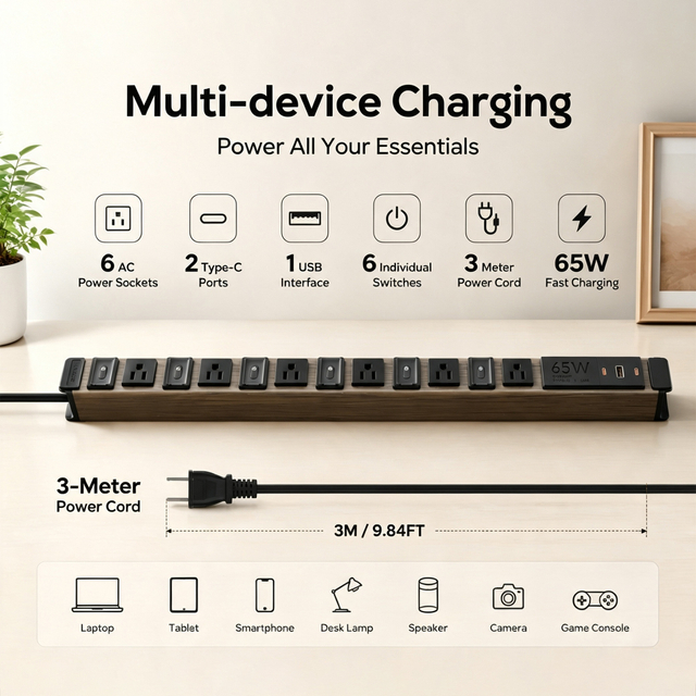 Premium Wood Grain Aluminum Travel PDU Power Strip with 6 Outlets, 65W USB-C Fast Charging, Individual Circuit Switches & ETL Listed