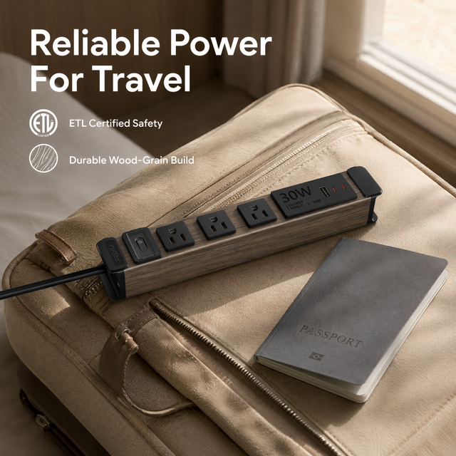 3 Outlet Aluminum Travel Power Strip with USB-C Charging & Circuit Breaker, ETL Listed