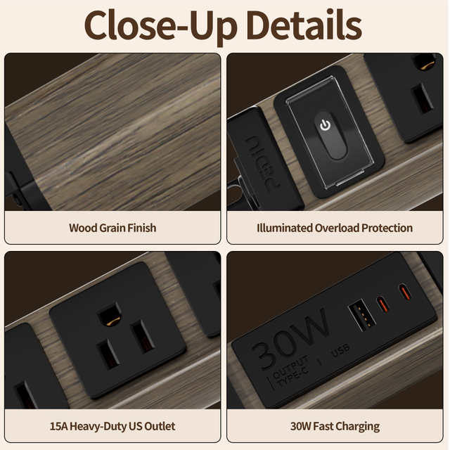 ETL Listed Portable Travel Power Strip with 3 Outlets, 30W USB-C Charging, Circuit Breaker Protection and Wood Grain Aluminum Housing