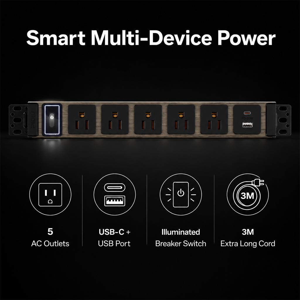 Wood grain power strip safety features and internal components
