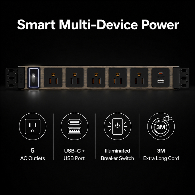 Wood Grain Aluminum PDU Power Strip with Circuit Breaker, 5 Outlets, ETL Listed