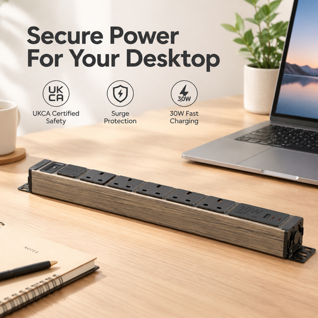 1U Wood-Grain Aluminum UK PDU with 5 BS 1363 Sockets, USB-C PD 30W Charging, Surge Protection & Illuminated Circuit Breaker