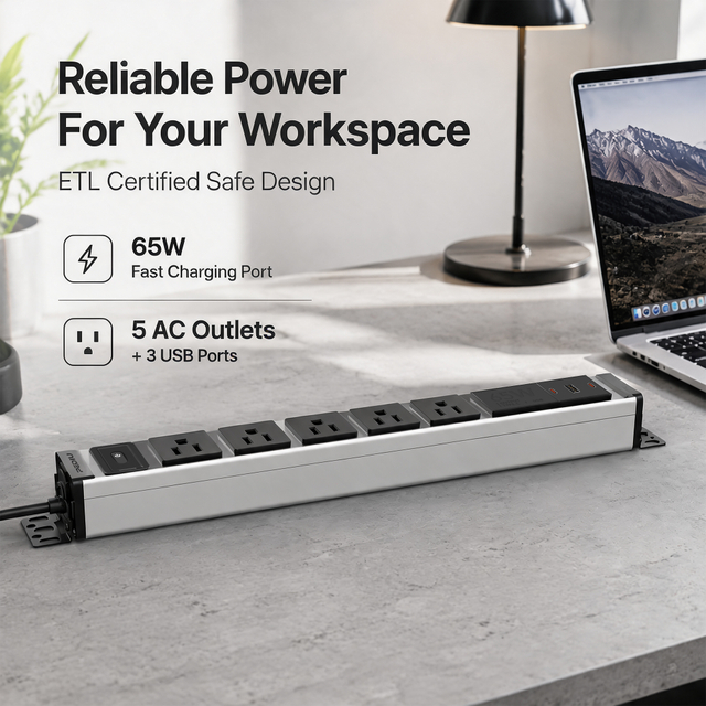 15A Aluminum Desktop PDU Power Strip with 5 Outlets, USB-C 65W Charger, Circuit Breaker and ETL Listed