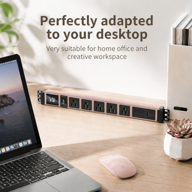 15A Pink Aluminum Desktop PDU Power Strip with 5 Outlets, USB-C USB Charging, Digital Meter and Circuit Breaker