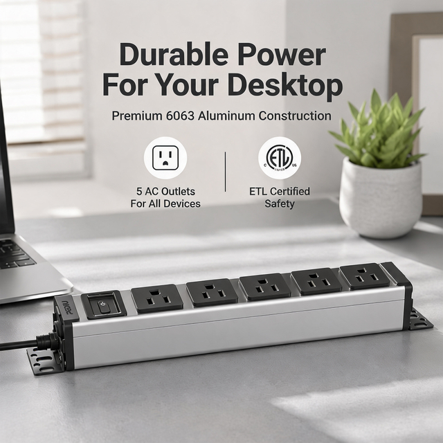 DeskPower 15A Silver Aluminum Desktop PDU Power Station with Circuit Breaker & ETL Listed
