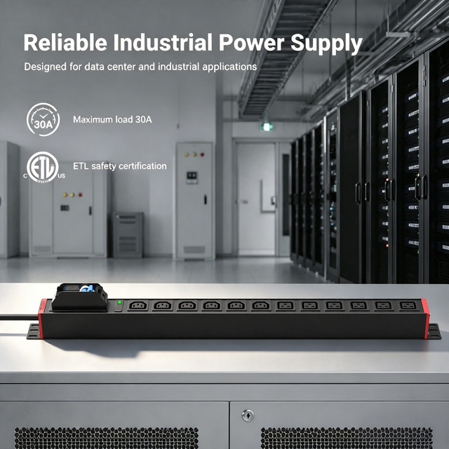 Industrial 1U PDU Power Distribution Unit, 30A High Power with 12 IEC C13 & C19 Outlets, 1P Circuit Breaker & ETL Listed