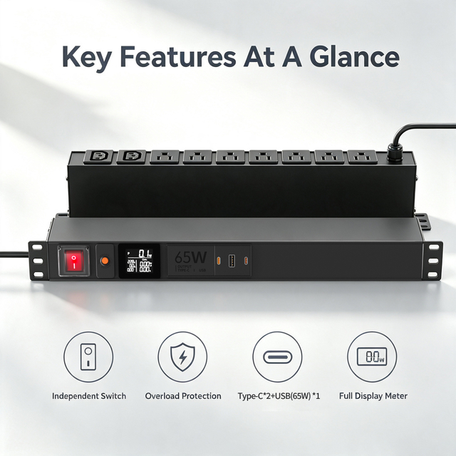 15A 1+1U Smart Rack PDU with 7 NEMA 5-15R & 2 C13 Outlets, USB-C 65W Charging, Digital Meter Display and ETL Listed