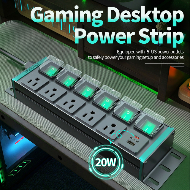 PEDIU 2U Aluminum Switched PDU Power Strip, 6 NEMA 5-15R Outlets, 15A 125V, ETL Listed, Desktop & Home Office Power Distribution Unit