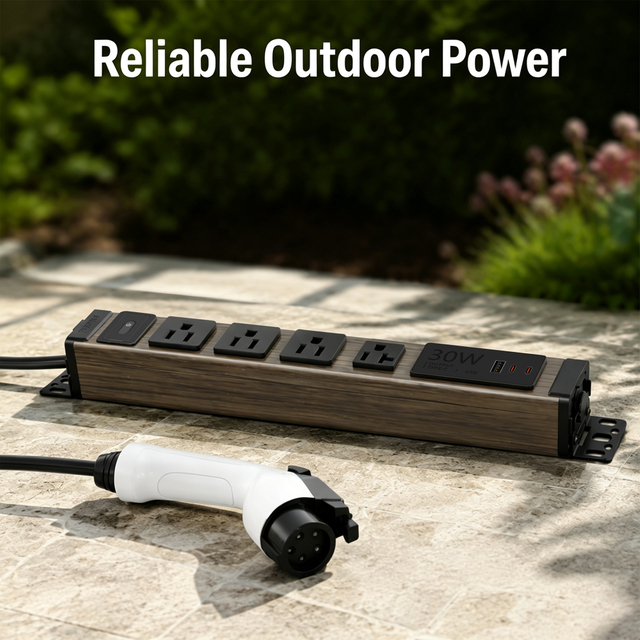 Portable V2L EV Power Distribution Box with 20A Output, Illuminated Circuit Breaker and Surge Protection