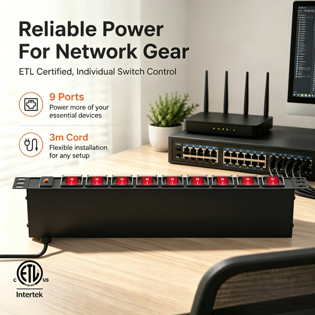 Professional 15A Rack Mount PDU 1+1U with 9 Individual Power Switches, NEMA 5-15R Outlets and ETL Certification