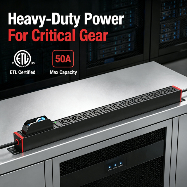 High Power Industrial PDU, 1U 50A Electrical Distribution Unit with IEC C13 & C19 Receptacles for Server and Equipment Applications