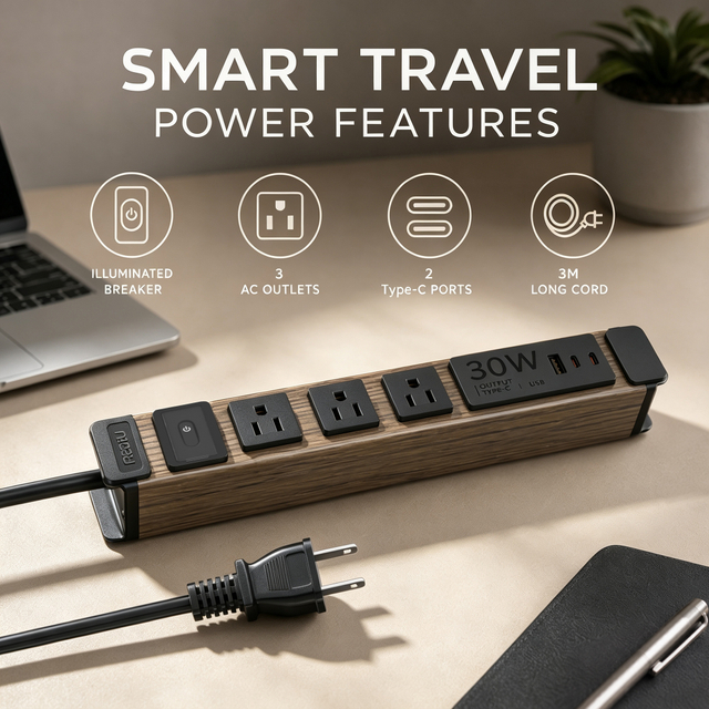 Wood Grain Aluminum Travel Power Strip with 3 Outlets, 30W USB-C Charging, Circuit Breaker Protection & ETL Listed