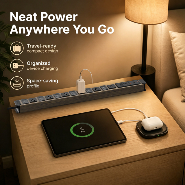 ETL Listed Portable Travel Power Strip with 6 Outlets, 65W USB-C Fast Charging & Individual Circuit Breaker Switches, Wood Grain Aluminum Housing
