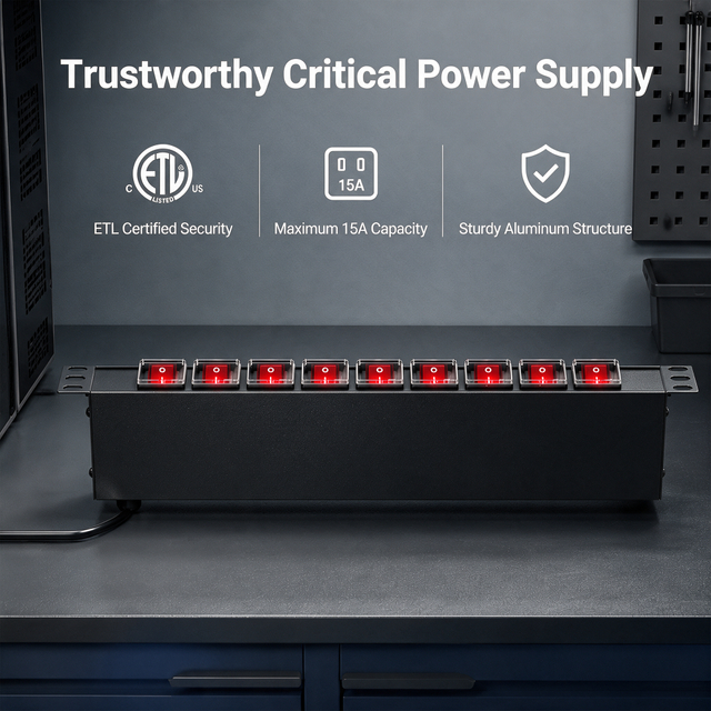15A Industrial Rack Mount PDU with 9-Switch Control, 9 Outlets and Reliable Power Distribution