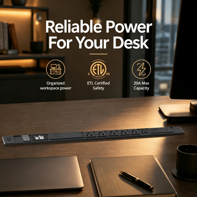20A Embedded Desktop PDU with 6 AC Outlets, 65W USB-C Charging, Digital Meter Display, Surge Protection & ETL Listed