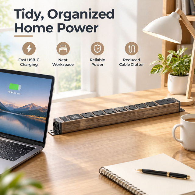 Wood-Grain 1U UK PDU with 7 BS 1363 Sockets, USB-C PD 30W Charging, Digital Meter Display & Illuminated Circuit Breaker