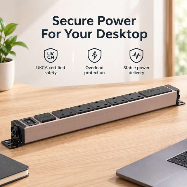 Pink 1U UK PDU with 5 BS 1363 Sockets, USB-C PD 30W Fast Charging, Surge Protection & Illuminated Circuit Breaker