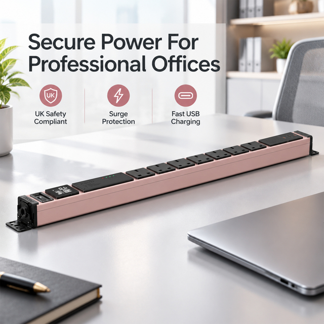 Pink 1U Smart UK PDU with 6 BS 1363 Sockets, USB-C PD 65W Fast Charging, Full Display Metering & Surge Protection