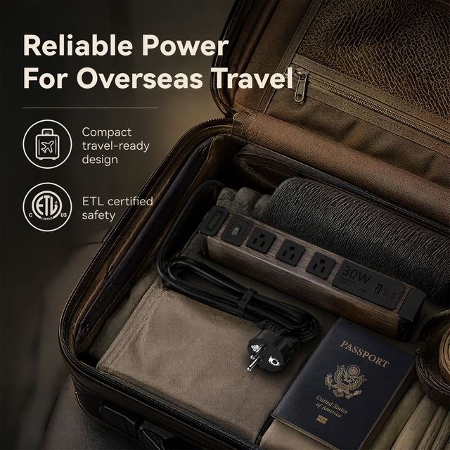 Premium Aluminum Travel PDU Power Strip with Wood Grain Finish, 3 Outlets, 30W USB-C Fast Charging, Circuit Protection & ETL Listed