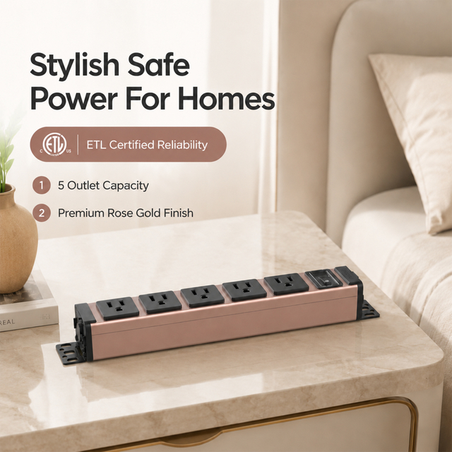 Pink Aluminum Desktop PDU Power Strip with Circuit Breaker, 5 Outlets, NEMA 5-15P to 5-15R, 1U, ETL Listed