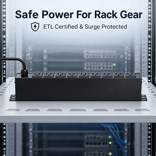 15A 1+1U Rack PDU Power Strip with 9 NEMA 5-15R Outlets, Master Switch, Surge Protection & ETL Listed