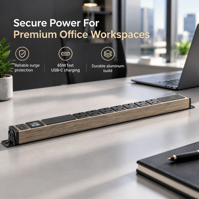 Wood-Grain 1U UK PDU with 6 BS 1363 Sockets, USB-C PD 65W Fast Charging, Digital Meter Display, Filtered Surge Protection & Illuminated Circuit Breaker