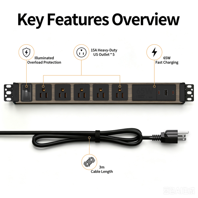 Wood Aluminum PDU Power Strip with Circuit Breaker, 5 Outlets, USB-C & Type-C（65W）, ETL Listed