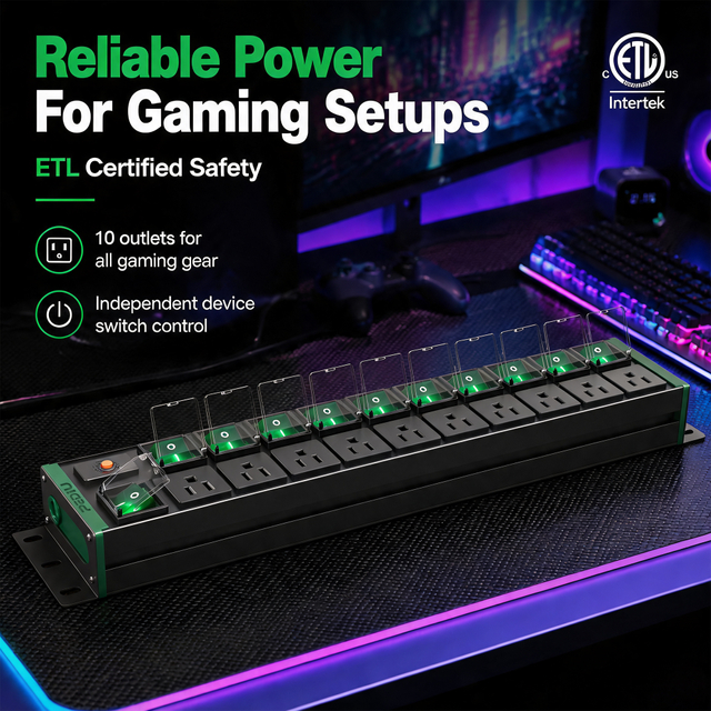 15A 2U Rack PDU with 10 NEMA 5-15R Outlets, Double Pole Master Switch, Overload Protection & ETL Listed