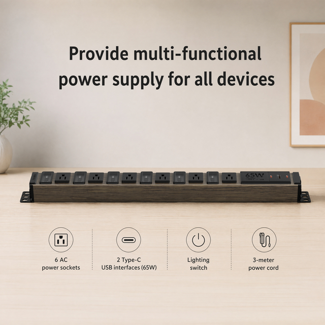 Portable Travel Power Strip with Wood Grain Aluminum Housing, 6 AC Outlets, 65W USB-C Fast Charging & ETL Certification
