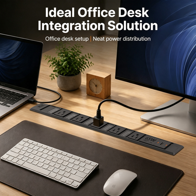 In-Desk Power Strip with 5 Outlets, 65W USB-C Fast Charging, Illuminated Circuit Breaker & ETL Safety Certification