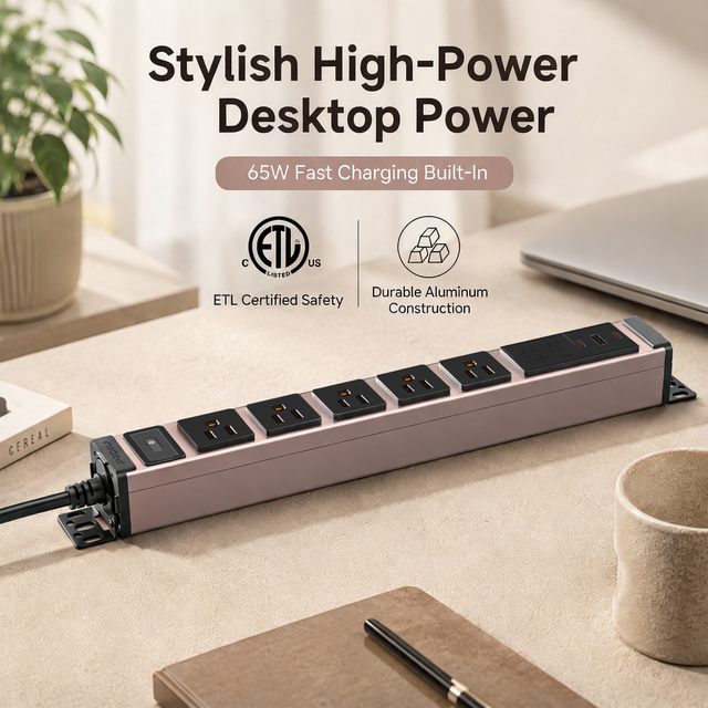 15A Aluminum Desktop PDU Power Strip with 5 Outlets, USB-C 65W Charger, Circuit Breaker and ETL Certification